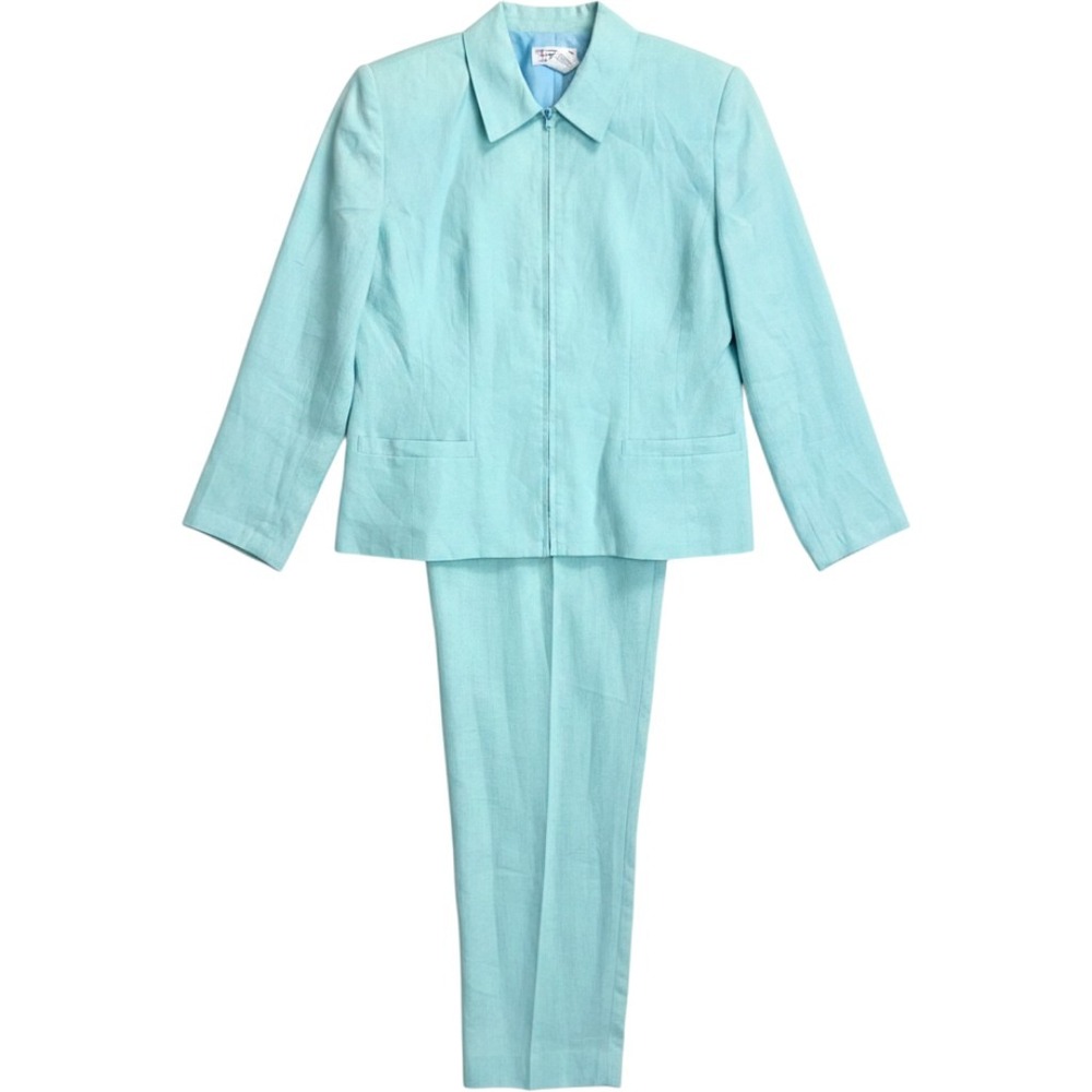 Talbots Vintage 100% Irish Linen 2 Piece Pant Suit Light Blue Zip Jacket Size 8